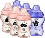 Tommee Tippee Closer to Nature Baby Bottles, Breast-Like Teat with Anti-Colic Valve, 260 ml, Pack of 6, Decorated (Assorted Colours)