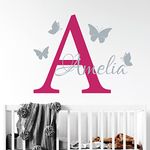 Wall Designer Personalised Baby Girl Boy Name with Initial Letter and Butterflies [Medium] [Magenta]