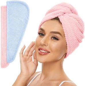 SimpleField 2 Pack Microfiber Hair Towel Wrap for Women, Anti Frizz Quick Drying Hair Turban for All Hair Style, Absorbent and Lightweight (Blue+Pink)