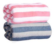 MAXOSHINE Microfiber Towels for Bath-Stripes Bath Towel for Men and Women-Soft Coral Fleece Towel with Hook Quick Dry Super Absorbent-70 x 140 cm (Blue/Peach, Pack of 2)