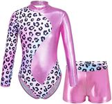 TiaoBug Kids Girls 2Pcs Gymnastics Dance Outfits Long Sleeve Leotards with Shorts Athletic Biketards Unitards Pink 6 Years