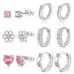 6 Pairs Huggie Hoop Earrings for Girls 925 Sterling Silver Stud Sets Cute Kids Heart Hoops Tiny Cubic Zirconia Flower Stud Small Hypoallergenic Cartilage Sleeper Earrings for Teen Toddler Childs Women