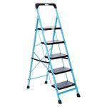 amazon basics - Foldable Step Ladder with Tool Tray, Safety-Clutch Lock, Ribbed Steps, Anti-Skid Rubber Shoes, 5 Steps (Iron Ladder, Black & Blue)