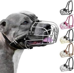 BronzeDog Dog Muzzle Pitbull Metal Mask Amstaff Wire Basket Pit Bull Adjustable Leather Straps for Large Dogs