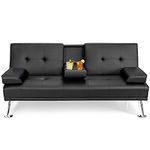 DORTALA Faux Leather Convertible Sectional Sofa Bed, Morden Folding Convertible Futon w/Cup Holders & Armrests Black, Multifunctional Upholstered Guest Sofa Bed for Living Room, Office, Apartment, Black