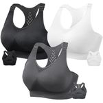 FITTIN Adjustable Sports Bras for Women: Padded Racerback Seamless Workout Yoga Bras Black/White/Grey