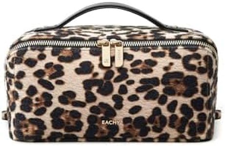 EACHY Travel Makeup Bag for Women, Large Leopard Print Cosmetic Bag with Upgraded Sturdy Zippers, Waterproof Leather Toiletry Organizer Pouch for Skincare Accessories