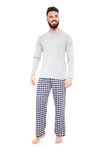 Men Long Pyjama Set Cotton Pyjamas Loungewear Tshirt Pants PJ Set Ex Chain Store (Grey, L)