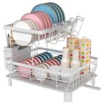 E-MANIS Dish Drainers, Double Layer Dish Rack with Drainage Plate and Rotating Nozzle, Dish drying Rack with Tableware Rack and Cup Holder（White）