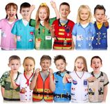 Jiuguva 12 Pcs Kids Pretend Play Costumes Firefighters Police Officers Astronauts Racers Unisex Cosplay Set(Classic), Blue, Red, Orange, White