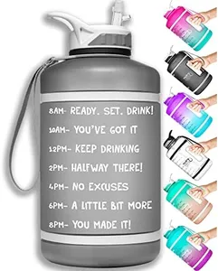 NatureWorks HydroMATE Half Gallon Water Bottle with Time Markers BPA Free Reusable Leak Proof Jug with Straw and Handle 64 oz (Gray)
