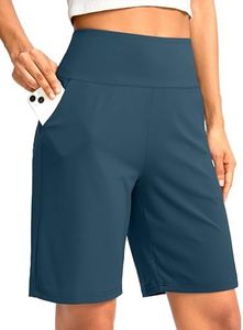 G Gradual Women's Bermuda Long Shorts with Pockets 9" High Waisted Knee Length Shorts for Women Walking Athletic Workout(Indigo,M)