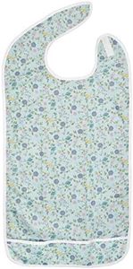 Celley Xtra Long Adult Bib Clothing Protector Eating Apron w/Crumb Catcher, Waterproof PU Coated Polyester Shirt Protector Bib for Grown Ups, Elderly Men Women Senior Citizen (Blue Flowers)