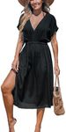 CUPSHE Women's Cover Up V Neck Midi Dress Short Sleeves Beachwear Casual Coverups Summer Solid Black,L