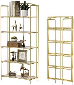 Crofy No Assembly Folding Bookshelf for Living Room, 5 Tier Gold Collapsible Book Shelf for Home Office, Portable Bookcase Storage Organizer