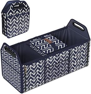 Trunk Organizer, Foldable Car Storage Bag Portable Insulation Cooler Bag Collapsible Vehicle Organizer Divider Storage Totes with 3 Compartment Cargo Tote for Groceries Caddy SUV, Navy Blue