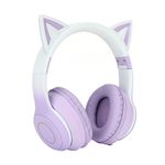 Bewinner Cute Cat Ear Gaming Headphones, LED Lights 3.5mm Wired Wireless BT Foldable Gaming Headset for PC, Laptop Headset with Noise Canceling Microphone for Gift, Game (Purple)