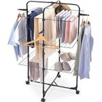 APEXCHASER Clothes Drying Rack, 3-Tier Collapsible Laundry Rack Stand Garment Rolling Drying Station, with 4 Hooks and Wheels, Indoor-Outdoor Use, for Bed Linen, Clothing, Socks Black