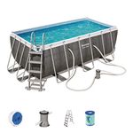 Bestway 56722 | Power Steel - Rectangular Above Ground Pool, 412 x 201 x 122 cm, Chemconnect Safety Ladder and Chemical Dispenser, Grey Rattan Effect