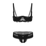 iiniim Women Lace Bra Balconette 1/4 Cup Unlined Shelf Bra with Low Rise Briefs Underwear Black Large