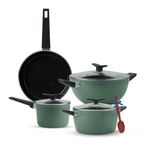 Tramontina Aura Cookware Set of 7 Kadhai 28cm with Lid, Fry Pan 24cm, Sauce Pan 16cm, Casserole 24cm with Lid | Reinforced Ceramic Non-Stick | Low-Oil Cooking | Bakelite Handle | Sea Green