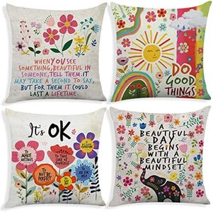 Littlefa Set of 4 Colorful Flowers It's OK Inspirational Quotes Throw Pillow Cover,Cushion Case for Girls Women Sofa Couch Bed Bedroom Decor, Inspirational Gifts for Girls Women Friends 18" x 18"