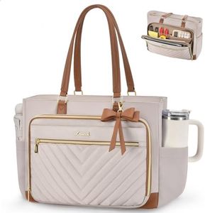 LOVEVOOK 17 Inch Laptop Teacher Tote Bag for Women, Work Nurse Bag with Large Cup Holder, Quilted Diaper Bag for Travel, Computer Women's handbags for Teacher gift, Apricot-brown