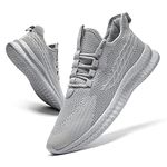 FUJEAK Mens Trainers Shoes Walking Running Gym Slip on Tennis Sneakers Joggers Sport Casual Outdoor Fashion Jogging Shoes Lightweight Breathable Comfortable Light Grey Size 8 UK