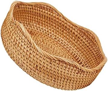 Whalehub Natural Rattan Round Fruit Basket Bowls, Hand Woven Decor Serving Baskets, Wicker Storage for Dinning Room (Wave-Medium)