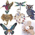 XUBX 7pcs Elegant Animals Crystal Rhinestone Brooch, Scarves Buckle Floriated Brooches Pin, Corsage Bouquet Kit, Butterfly bee Peacock Dragonfly Hummingbird Breastpin for Women Girls