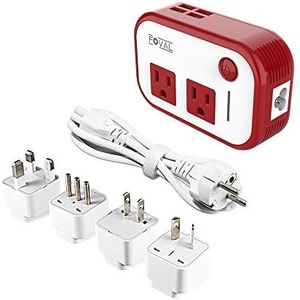 FOVAL Power Step Down 220V to 110V Voltage Converter with 4-Port USB International Power Travel Adapter in UK European Italy Asia More Than 150 Countries Over The World(Red)