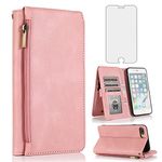 Compatible with iPhone 7plus 8plus 7/8 Plus Wallet Case Tempered Glass Screen Protector Zipper Leather Flip Cover Card Holder Stand Phone for i Phone7s 7s + 7+ 8s 8+ Phones8 7p 8p Women Rose Gold