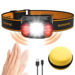 SuperFire Super Bright LED Head Torch Rechargeable, Motion Sensor Control Headlamp, Waterproof Headlight, Red Lights, 14 Lighting Modes for Camping, Running, Cycling, Fishing, Hiking, Outoor Sports