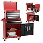 COSTWAY Large Rolling Tool Cabinet, 2-in-1 Detachable Metal Tool Chest with Drawers, Wheel, Handle, Hooks & Pegboard, Lockable Tool Box Trolley for Garage Workshop (with Adjustable Shelf, Red+Black)