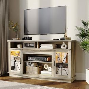 GarveeHome Farmhouse TV Stand for TVs up to 65'', TV Cabinet with 2 Acrylic Door, Storage Cabinets, and Adjustable Shelves, TV Stands Console Table for Living Room, 59 Inch, Gray