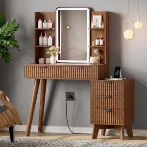 Xixini Fluted Vanity Desk with LED Lights Mirror & Charging Station, Walnut