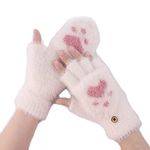 Bold N Elegant Cute Paw Fuzzy Warm Wool Convertible Fingerless Gloves cum Mittens Winter Wrist Arm Warmer Mitts Gloves for Girls & Women (White)