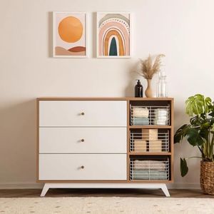 dadada Central Park 3-Drawer Dresser with Open Shelving - Modern Design, Baby-Safe Finish, Forged Steel Support, Sturdy Wood Legs, for Nursery, Kids or Teen Room, 47” Wide (White+Red Oak)