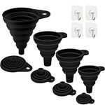 Silicone Collapsible Funnel, 4 Pcs Foldable Kitchen Funnels, Kitchen Funnel with 4 Pcs Transparent Adhesive Hooks for Filling Bottles, Liquid, Powder Transfer (Black)