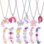 Lorfancy 12 Pcs Kids Bracelet Necklace for Girls Unicorn Mermaid Beaded Bracelets Toddler Cute Charm Play Jewelry Set Little Girls Colorful Friendship Dress up Gifts