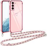 Vauki Mobile Phone Chain for Samsung Galaxy S22 5G Case with Strap, Mobile Phone Case with Chain, Heart Motif, Ultra Thin Shockproof Aesthetic Case with Cord for Samsung S22 5G 6.1 Inch, Pink