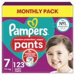 Pampers Premium Protection Nappy Pants Size 7, 123 Nappies, 17kg+, Monthly Pack, With 360° Fit and Ultra-Soft Materials for Our Best Comfort & Protection