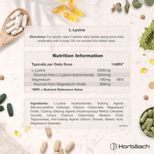 Horbaach L-Lysine 2000mg Tablets – 180 Count Amino Acid Supplement