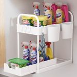 2 Tier Under Sink Storage,Under Sink Organiser with Bottom Sliding Basket Drawer,4 Hooks,2 Hanging Cup,Multi-Purpose Under Sink Cabinet Organiser for Bathroom Kitchen Countertop,White