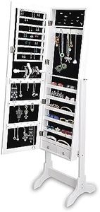 LEVEDE Jewelry Cabinet Armoire, Freestanding Lockable Floor Makeup Storage Organizer with Full Length Mirror, Wall/Door Mounted Dressing Mirror for Bedroom,Living Room,Bathroom, White