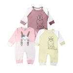 Kidbea 100% Organic Cotton Bodysuit | Romper | Sleepsuit | Jumpsuit for New-Born Baby Girls & Boys infants & Toddler, Color Pink Kitty & Yellow Bunny & Purple Cute Printed Combo Of 3 Size 0-3M