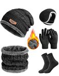 Oleda Winter Warm Knit Beanie Hat Neck Warmer Scarf Touch Screen Gloves Ear Muffs Socks 5 PCS Set for Men Women Fleece Lined (Black)