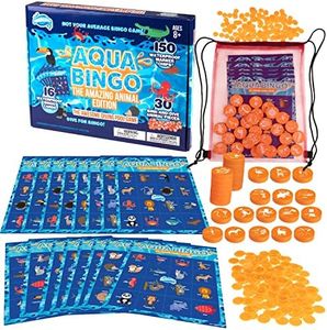 Pool Bingo Diving Game for Kids- Summer Party Fun Edition- Dive for & Call 30 Sinking Animal Themed "Numbers", Fill Your Card to Win- w 150 Marker Chips, 16 Double Sided Waterproof Play Cards & Bag