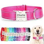 SEOUGEE Personalised Dog Collar with Engraved Metal Buckle, Reflective Nylon Collars for Small Medium Large Dogs with Custom Name Plate Phone Number (Rose Red, M:Neck 35-50cm,Width 2cm)