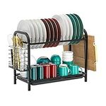 Averrex 2 Tier Dish Drying Rack with Drip Tray, Dish Drainer with Utensils Holder, Durable Stainless Steel Dish Rack for Kitchen Counter, Black